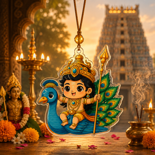 Mayil Vahana Murugan Car Hanging Ornament | Lord Murugan on Peacock Acrylic Rear View Mirror Hanging