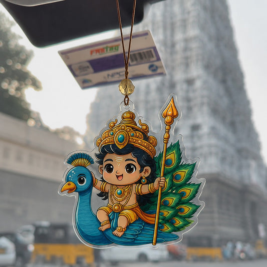 Mayil Vahana Murugan Car Hanging Ornament | Lord Murugan on Peacock Acrylic Rear View Mirror Hanging